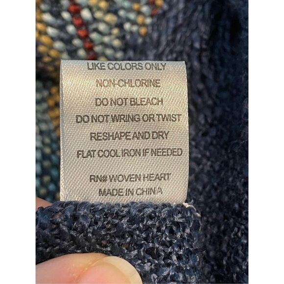 Woven Heart Ruana Wrap Poncho Blue Multi-Colored Plaid Striped Patterned Fringe - Picture 6 of 6